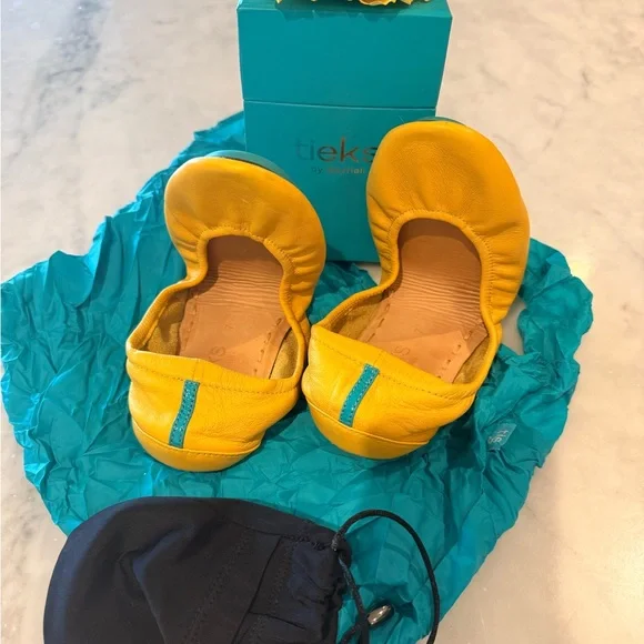 Tieks Mustard Yellow Flats with Teal Accent - Picture 5 of 5
